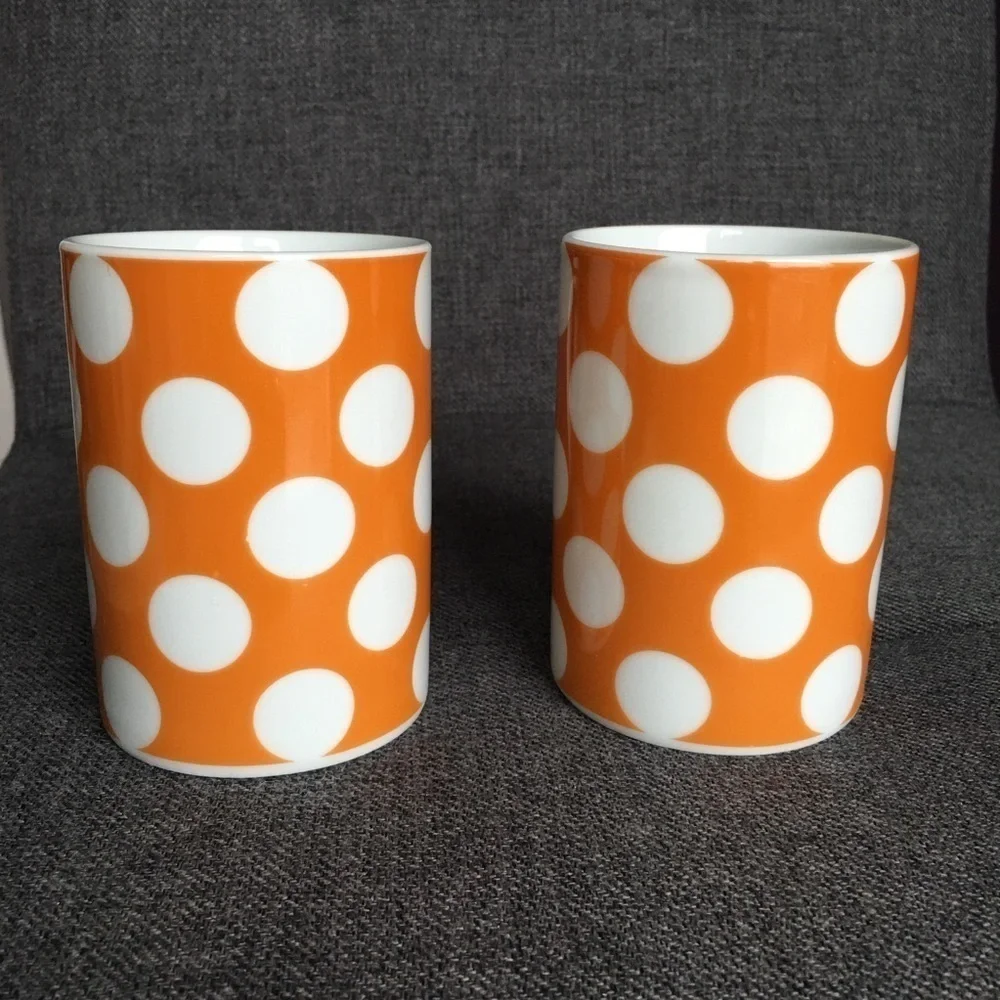 Set/2 Polka Dot Coffee Mugs, Yellow, White, 10 oz